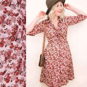 70s Vintage Calico Floral Light Pink Notched Collar 1970s Handmade Midi Dress